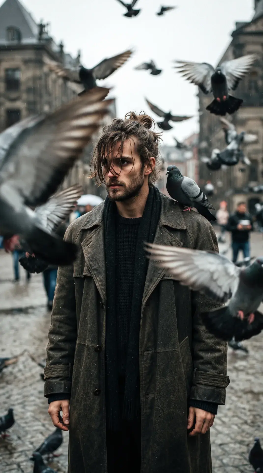 Mysterious Man In Trench Coat With Flying Pigeons Cinematic Portrait