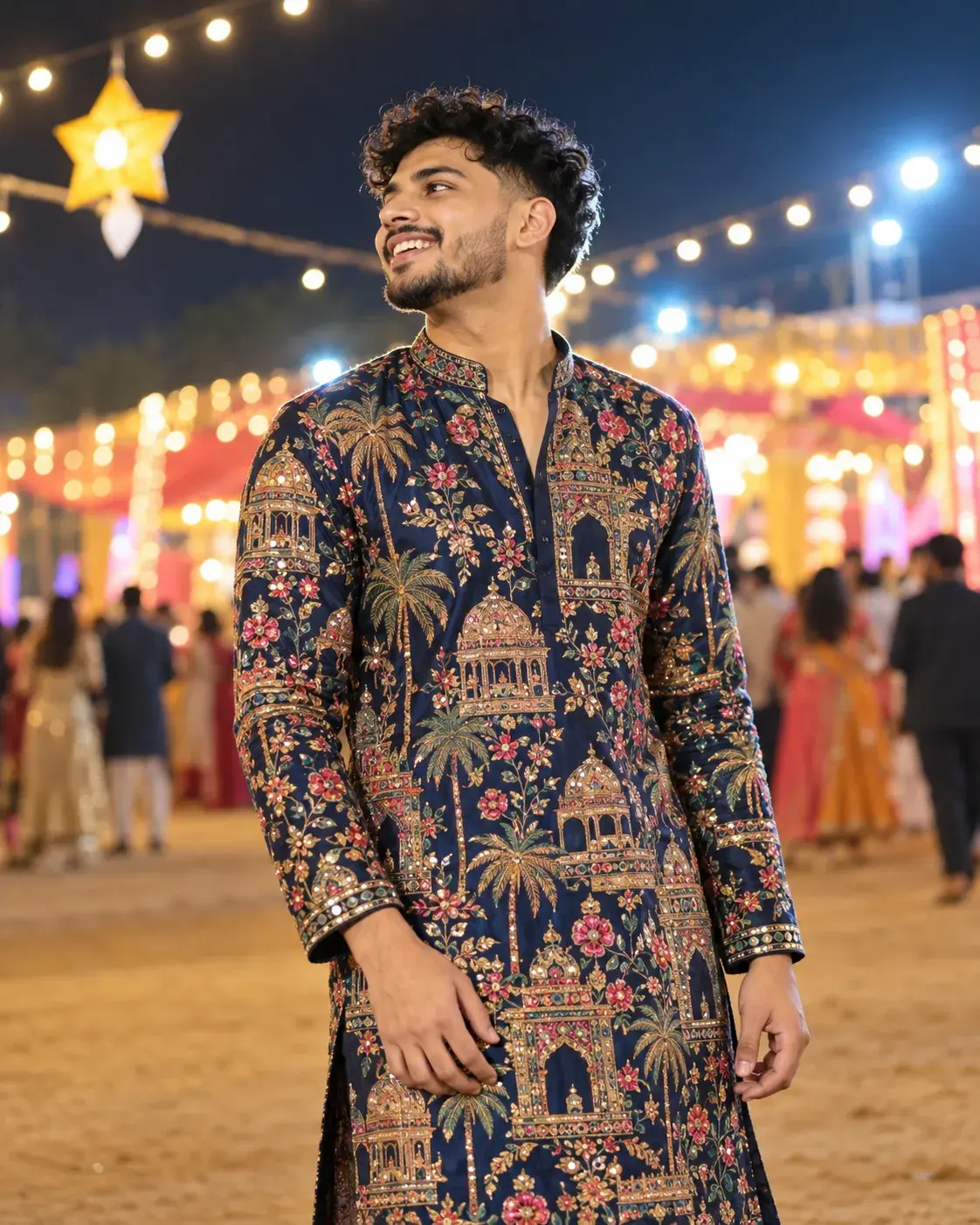 Navaratri Night Portrait Of A Smiling Man In Embroidered Navy Blue Kurta ✨