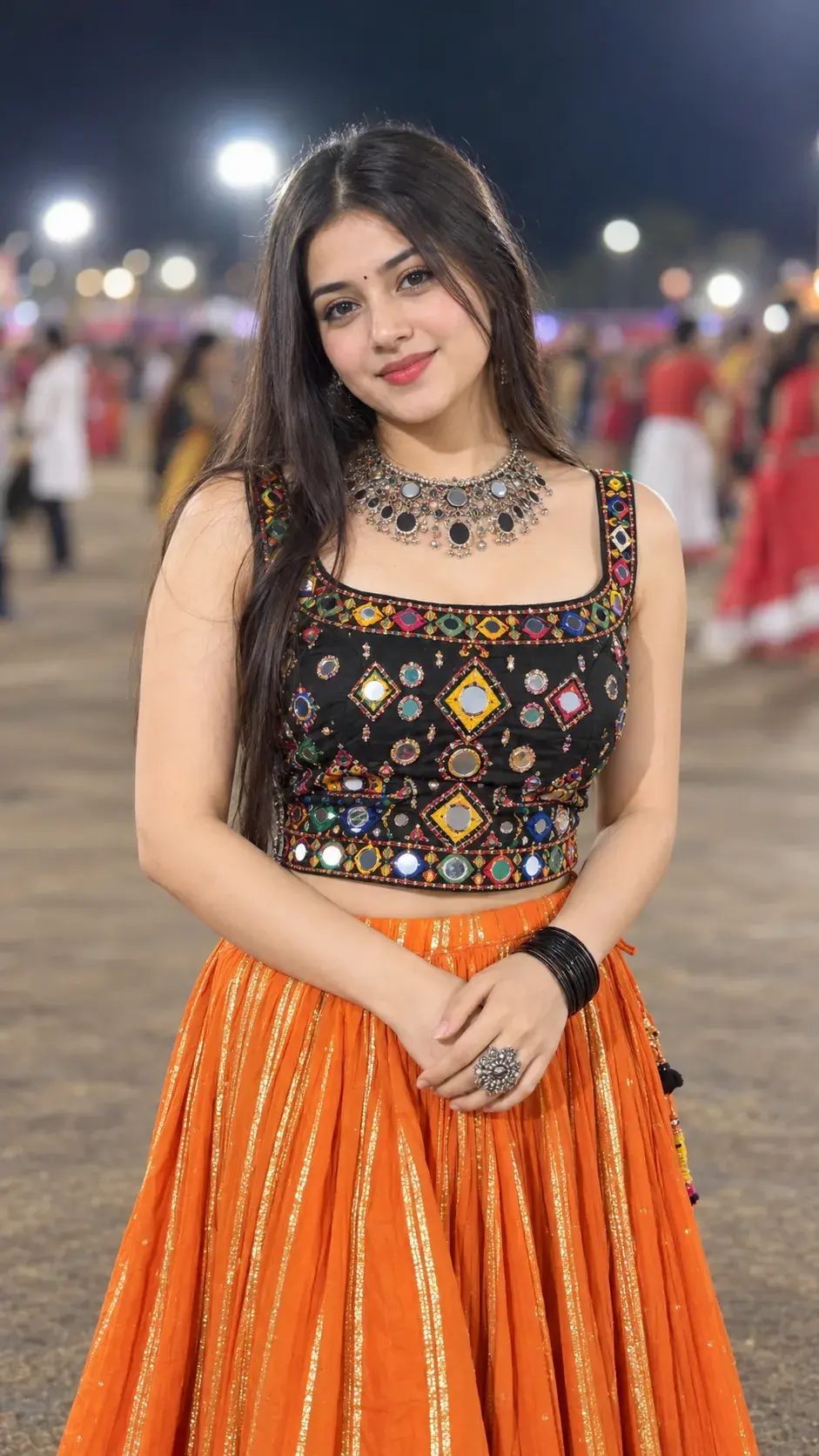 Navratri Night Portrait Of A Woman In Mirror-Work Choli And Orange Lehenga 🪷✨