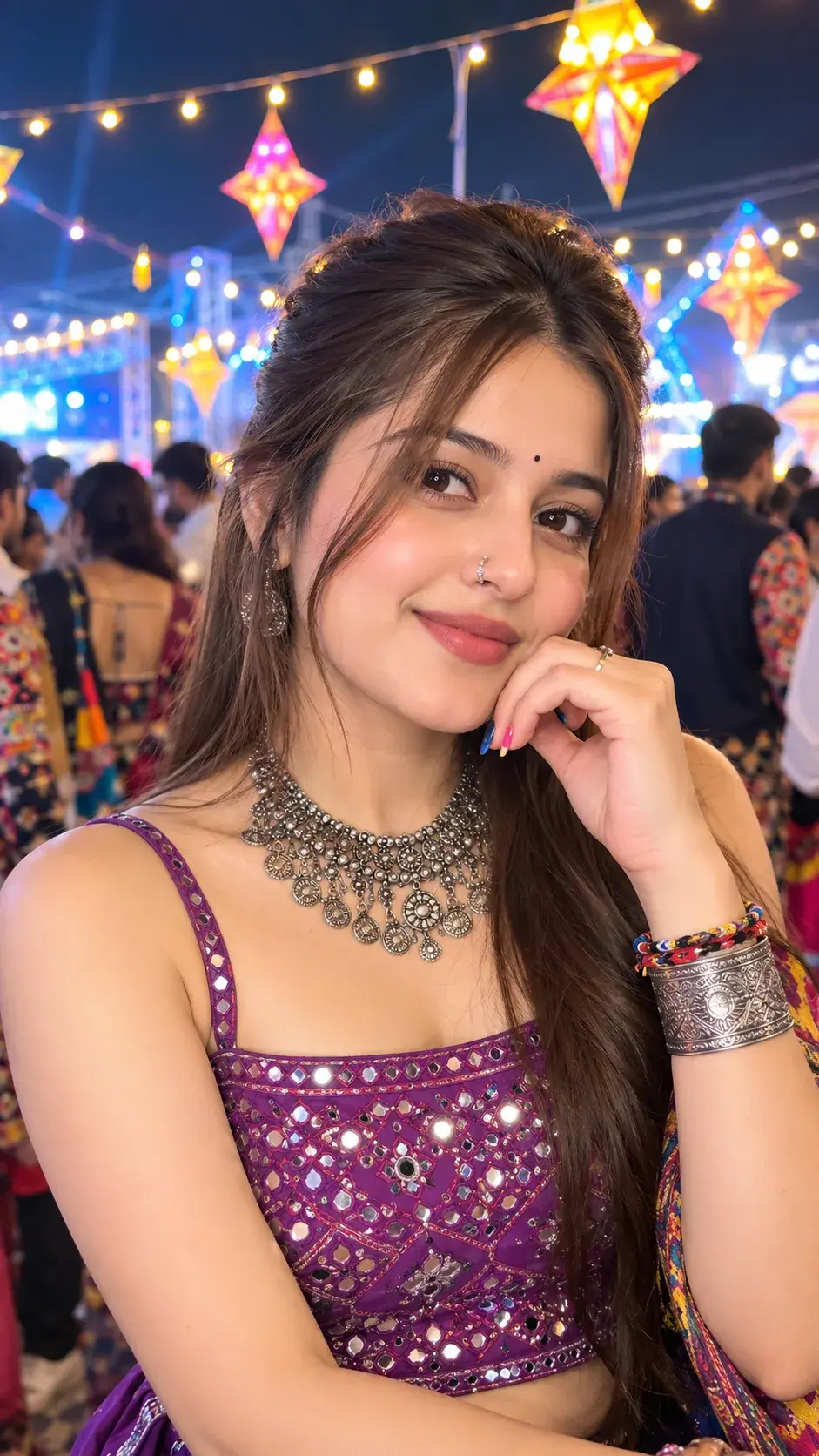 Navratri Night Portrait Of A Woman In Purple With Silver Jewelry 💜✨