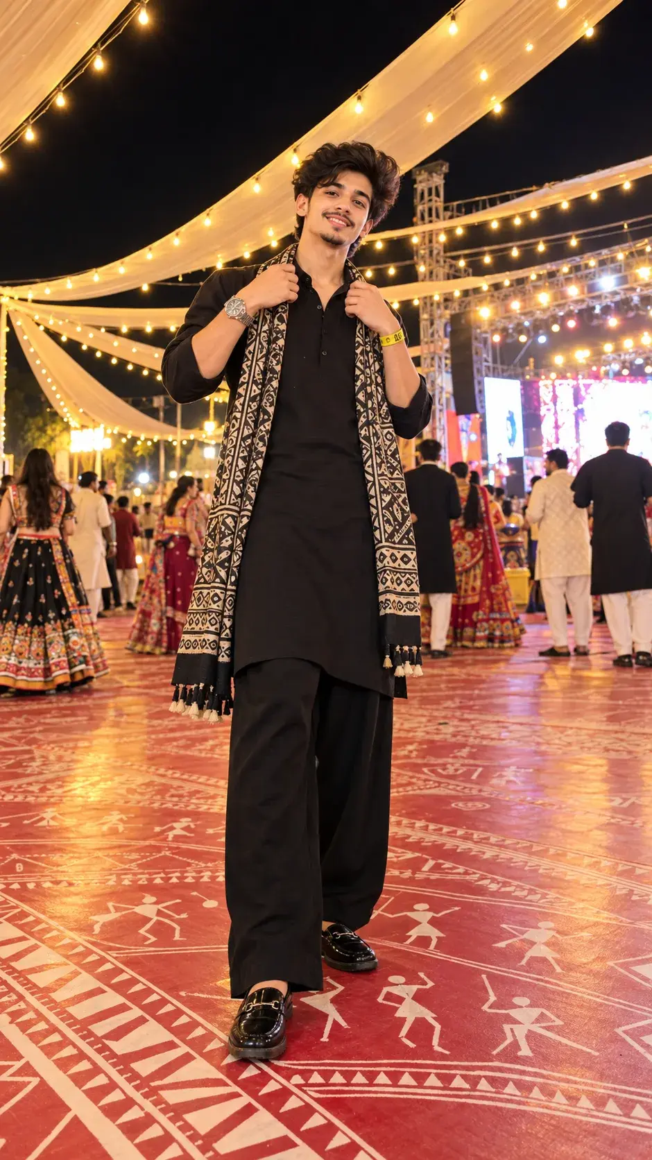 Navratri Night Portrait Of A Young Man In Black Kurta With Printed Dupatta 🪔✨