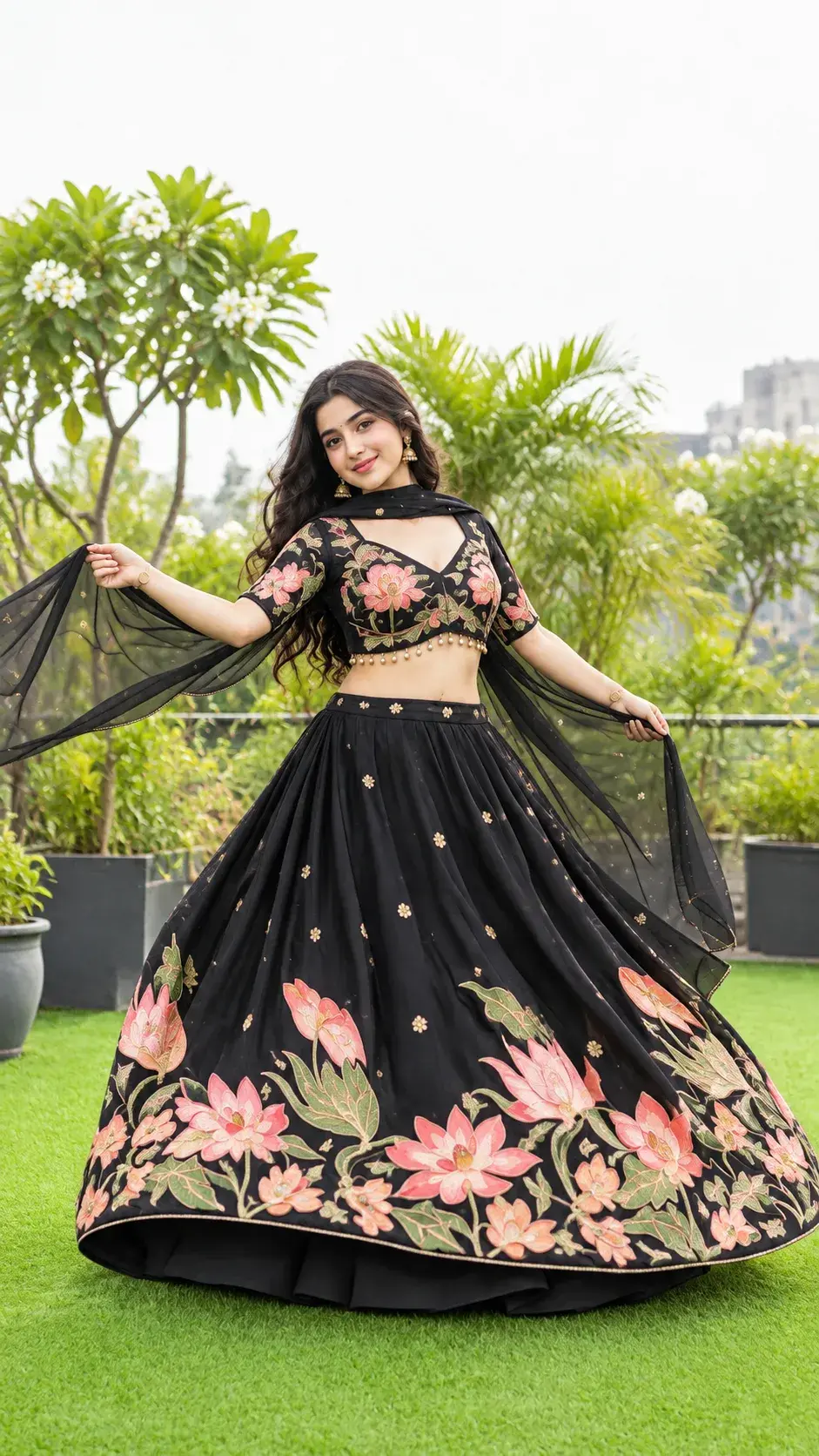 Navratri Special Black Floral Lehenga Twirl With Pink Lotus Embroidery 🌸✨