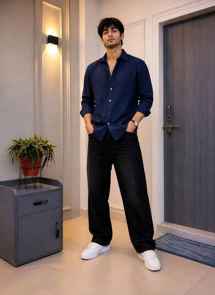 💙🖤 Navy Blue Shirt Classy Indoor Look 👟✨📸