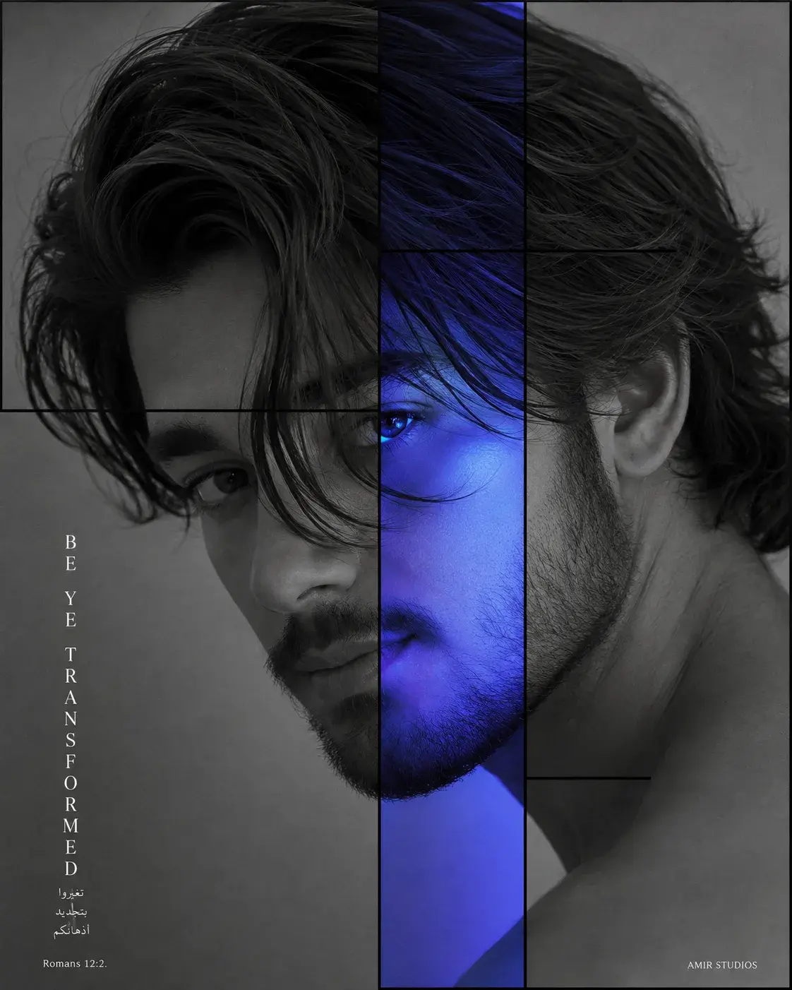 Neon Blue Grayscale Portrait Poster