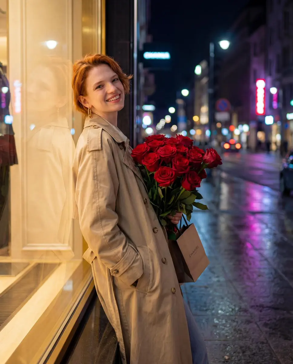 Night-Time Street Style With Red Roses