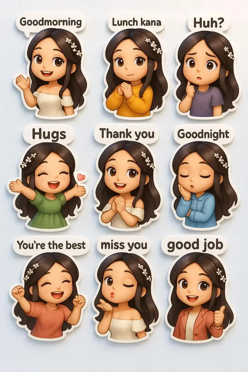 Nine Chibi Stickers With Different Outfits Poses And Expressions