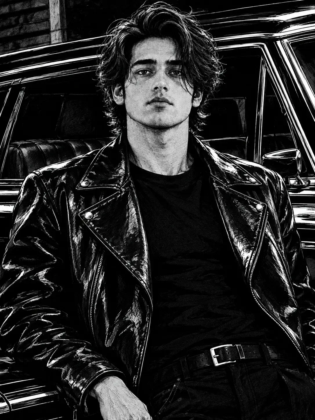 Noir Manga Portrait By A Classic Car