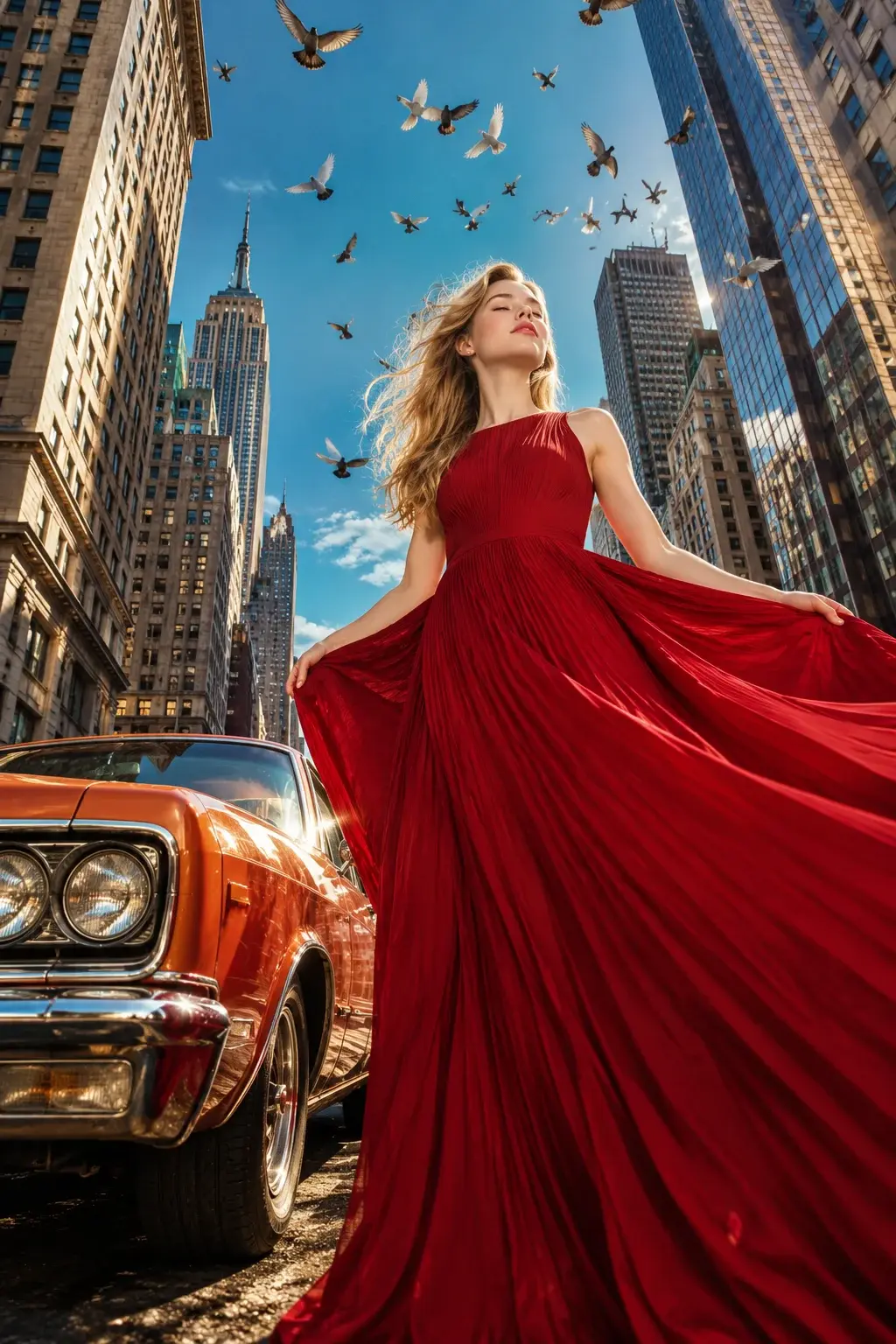 NYC Vintage Car Red Dress Editorial Photo Prompt