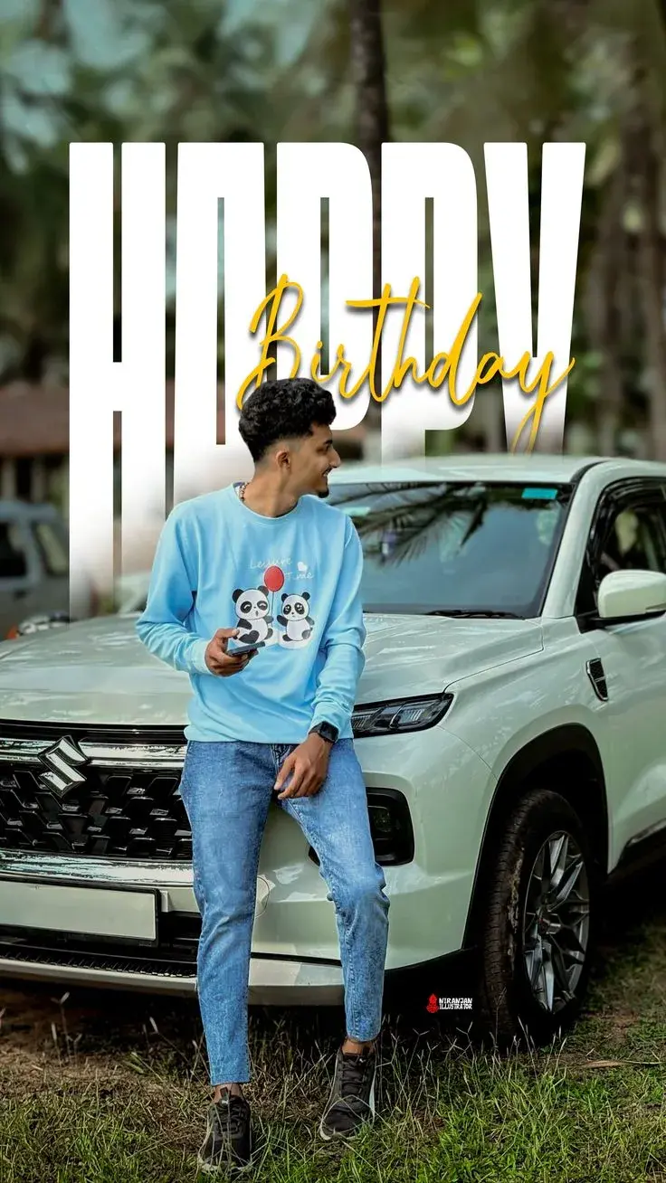 Outdoor Birthday Poster Portrait Of Young Man Leaning On White Suv
