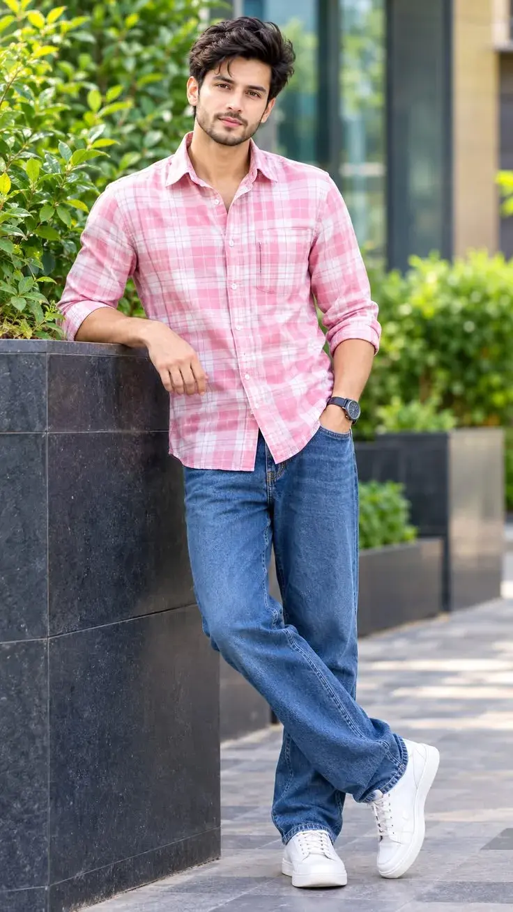 Outdoor Full-Body Portrait Of Young Indian Man Leaning Against Stone Planter