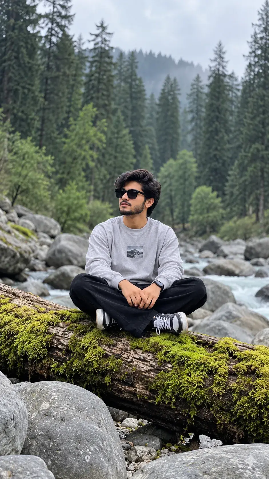 Outdoor Streetwear Portrait Of A Young Man On A Mossy Log 🌿