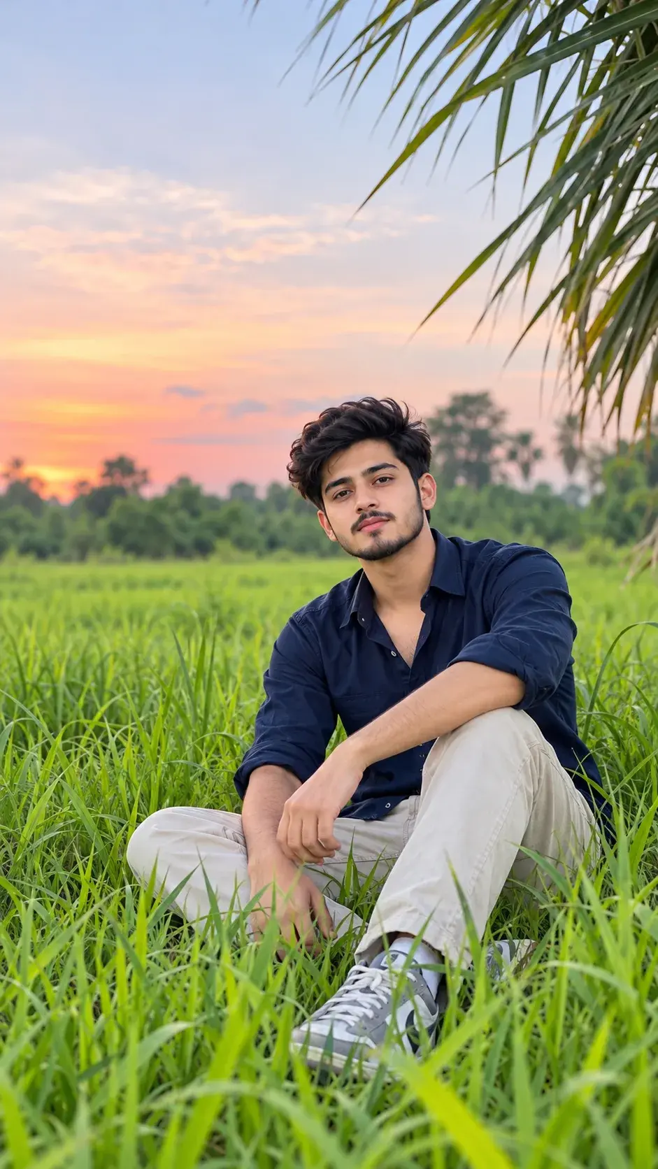 Peaceful Sunset Portrait Of A Young Man Sitting In A Green Grass Field 🌿
