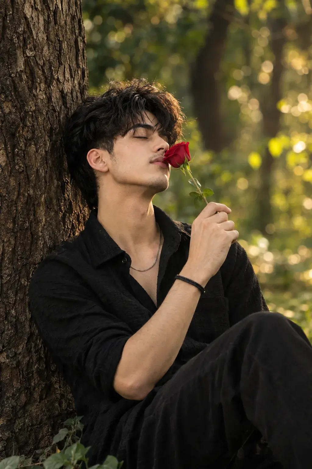Peaceful Young Man Sitting Against Tree Smelling A Red Rose