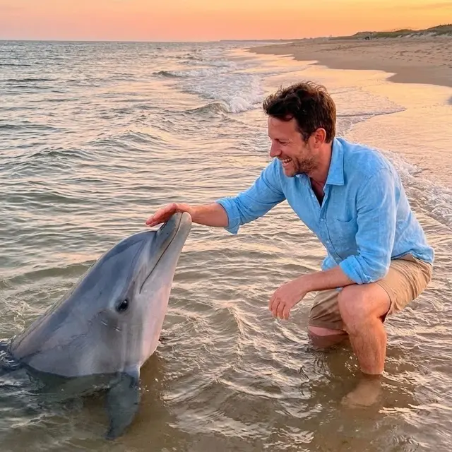 Person Kneeling At Shore Touching A Dolphin