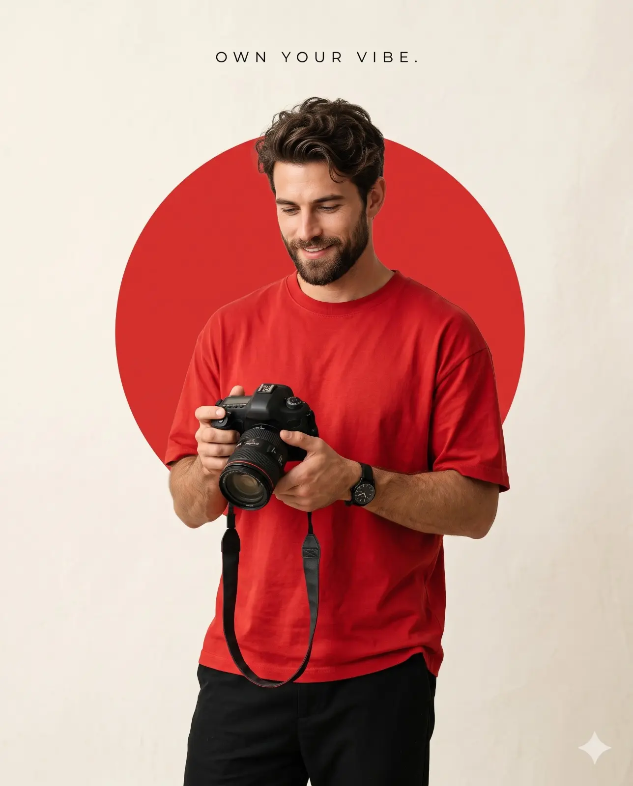 Photographer In Red T-Shirt Studio Portrait