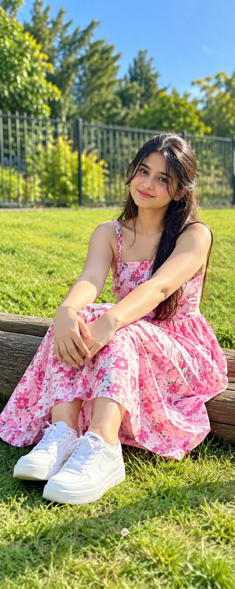 🌸☀️ Pink Floral Dress Portrait – Bright Outdoor Photography & Natural Bokeh