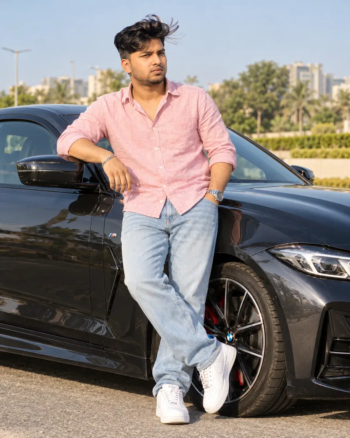Pink Shirt Luxury Car Portrait