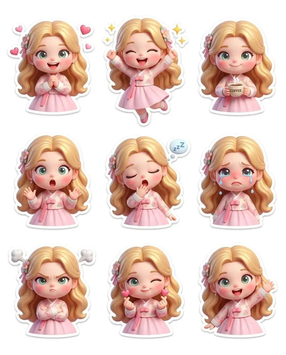Pixar-Style Chibi Doll Sticker Sheet