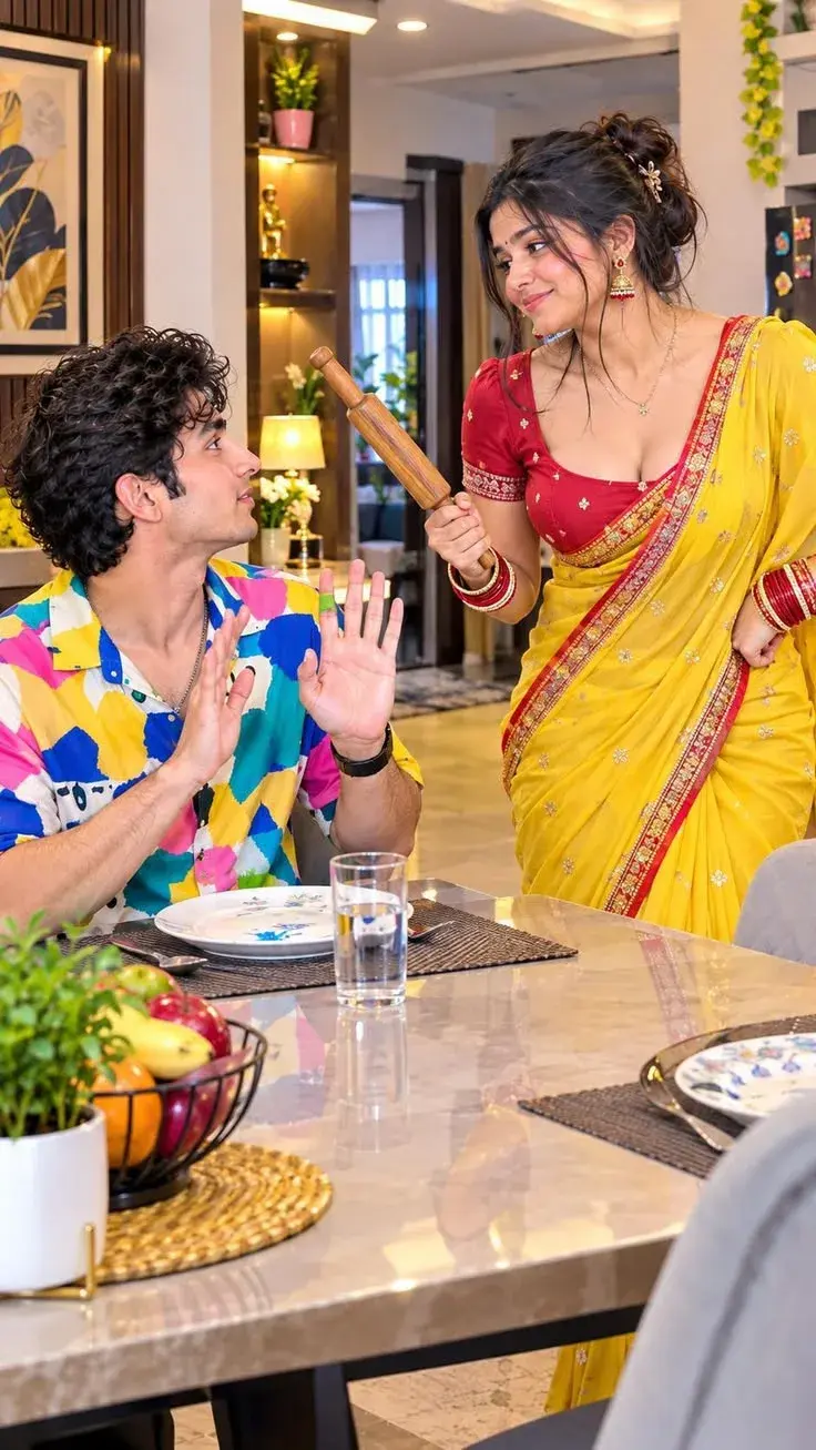 Playful Candid Modern Dining Room Portrait Of South Asian Couple With Woman Threatening Man With Wooden Rolling Pin