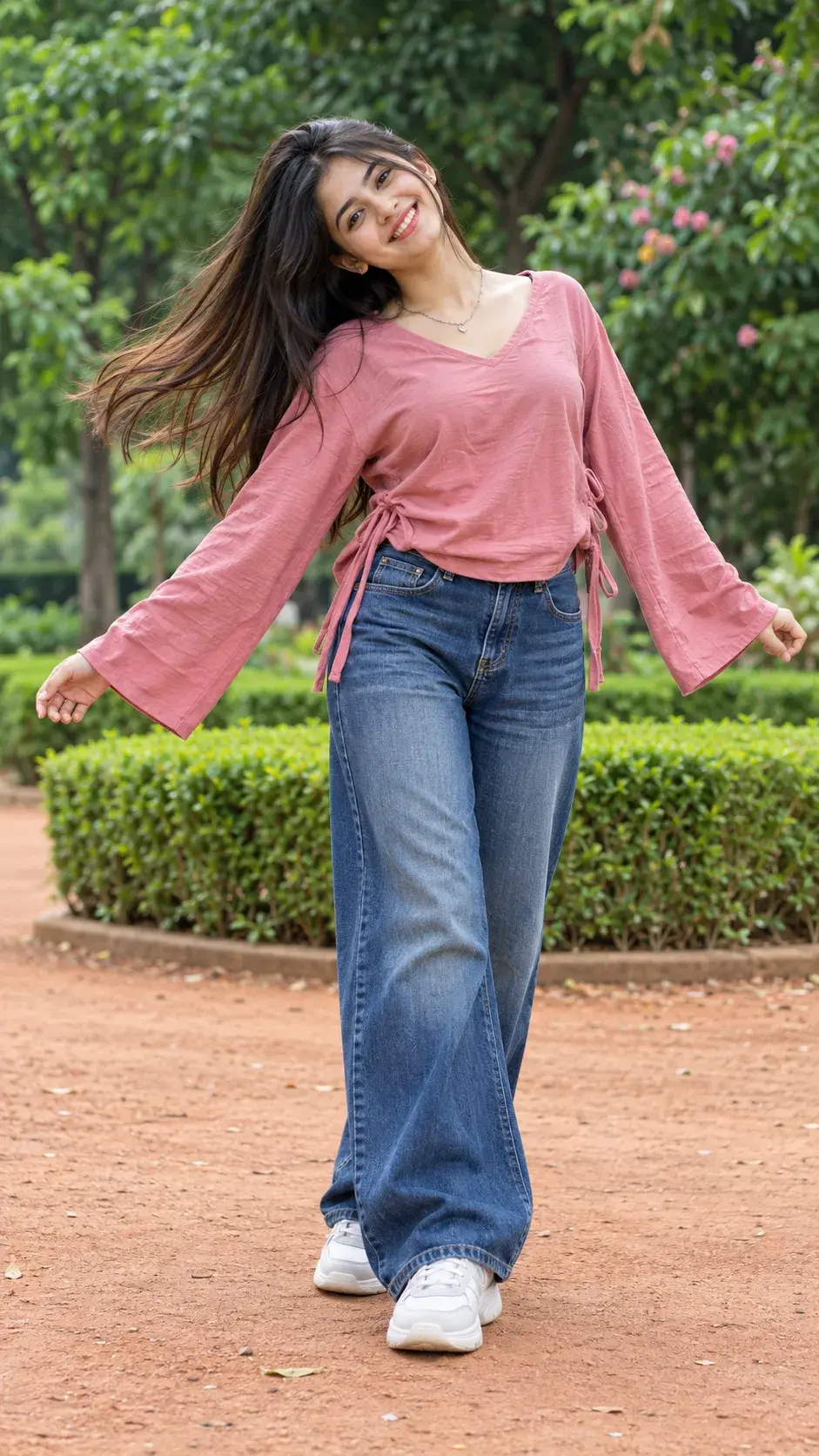 Playful Full-Body Portrait Of A Smiling Girl In Pink Top And Baggy Jeans 🌸