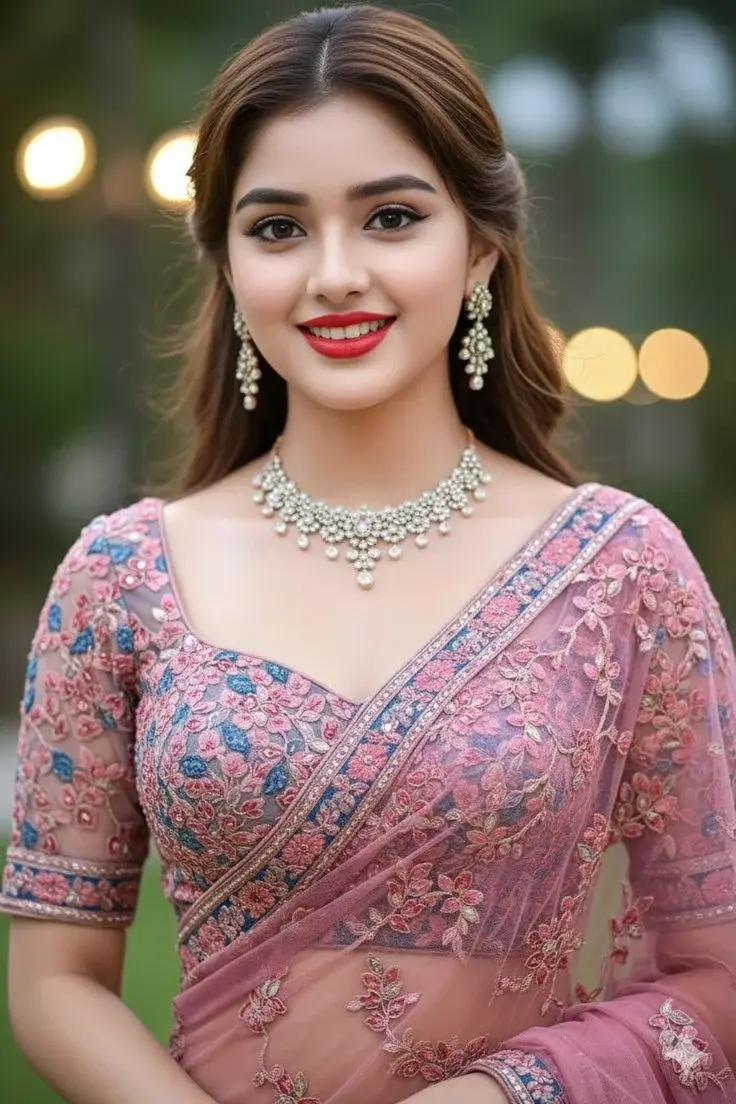 Portrait Of A Young Woman In An Elegant Pink Embroidered Saree