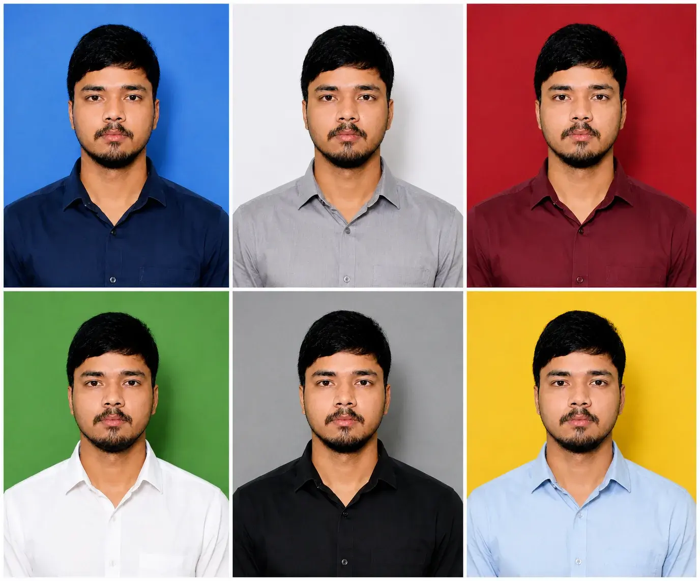 Professional Passport Photo – 6 Background & Shirt Variations
