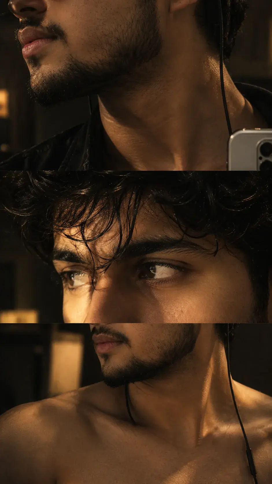 Prompt: Dark Cinematic Male Portrait Triptych — Ultra-Realistic 4K