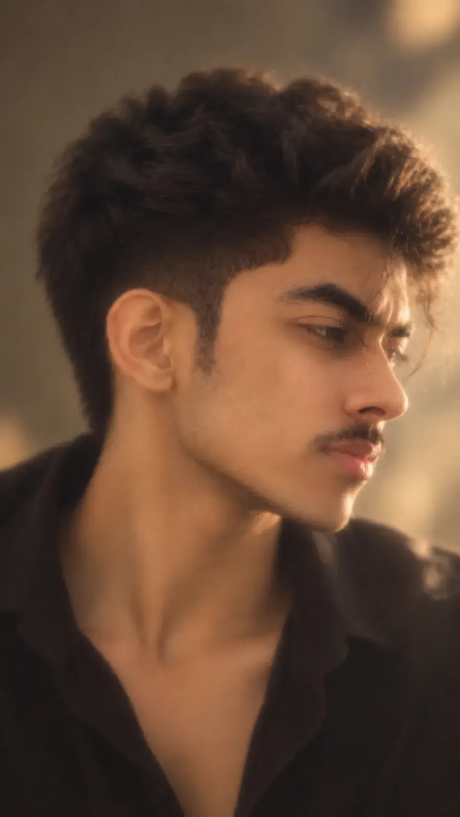 Prompt: Moody Cinematic Boy Portrait – Soft Blur & Golden Glow