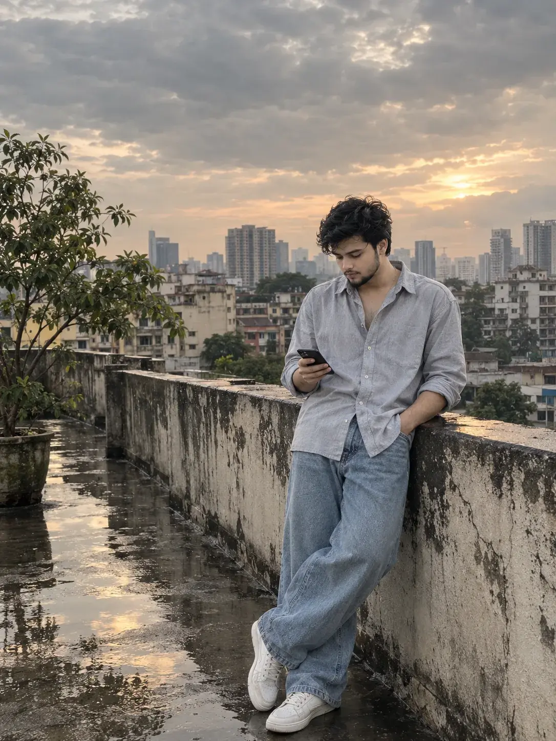 Prompt: Moody Urban Rooftop Sunset Portrait — Strict Face Identity Lock