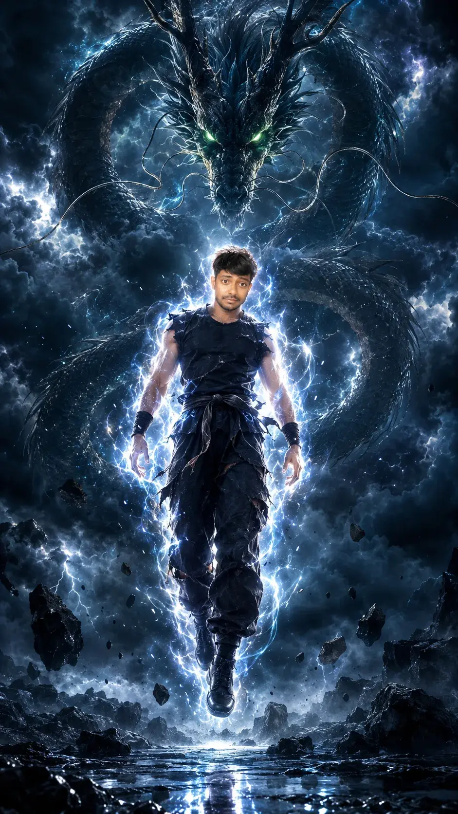 Prompt: Ultra Instinct — Cosmic Dragon Dark-Fantasy Poster