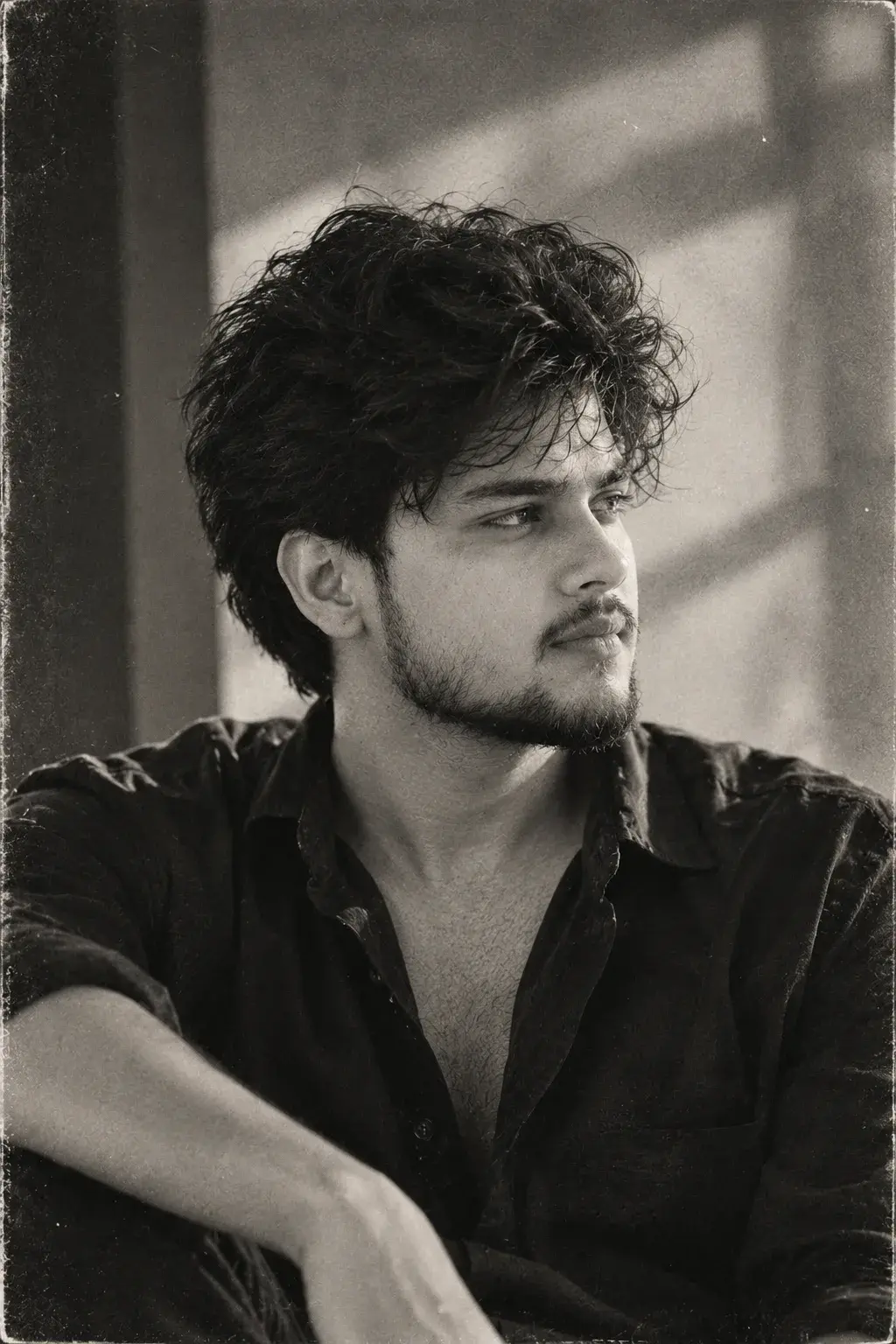 Prompt: Ultra-Realistic Vintage Monochrome Male Portrait
