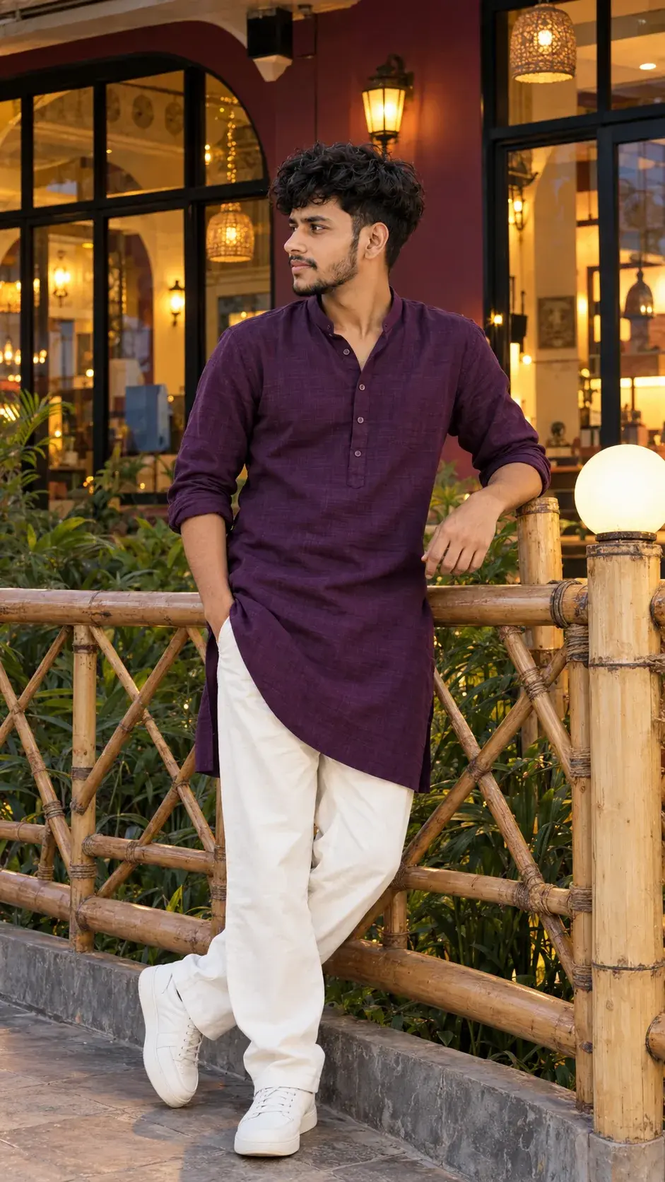 Purple Kurta — Warm Evening Terrace