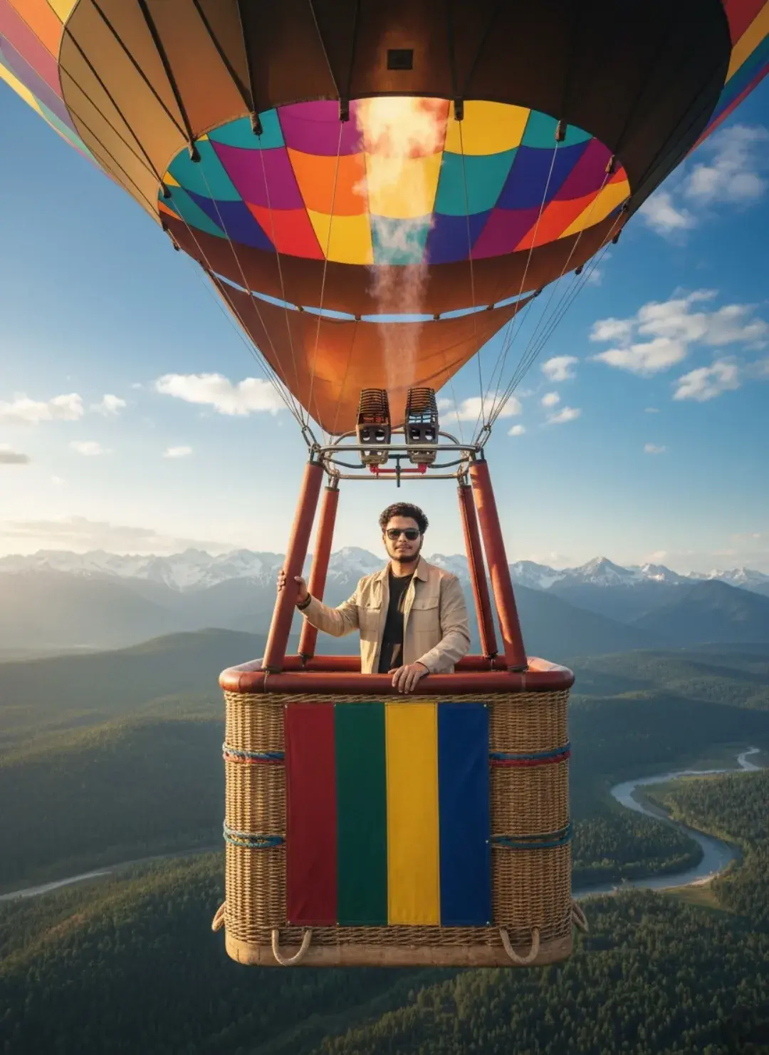 Rainbow Hot Air Balloon Over Mountain Valley