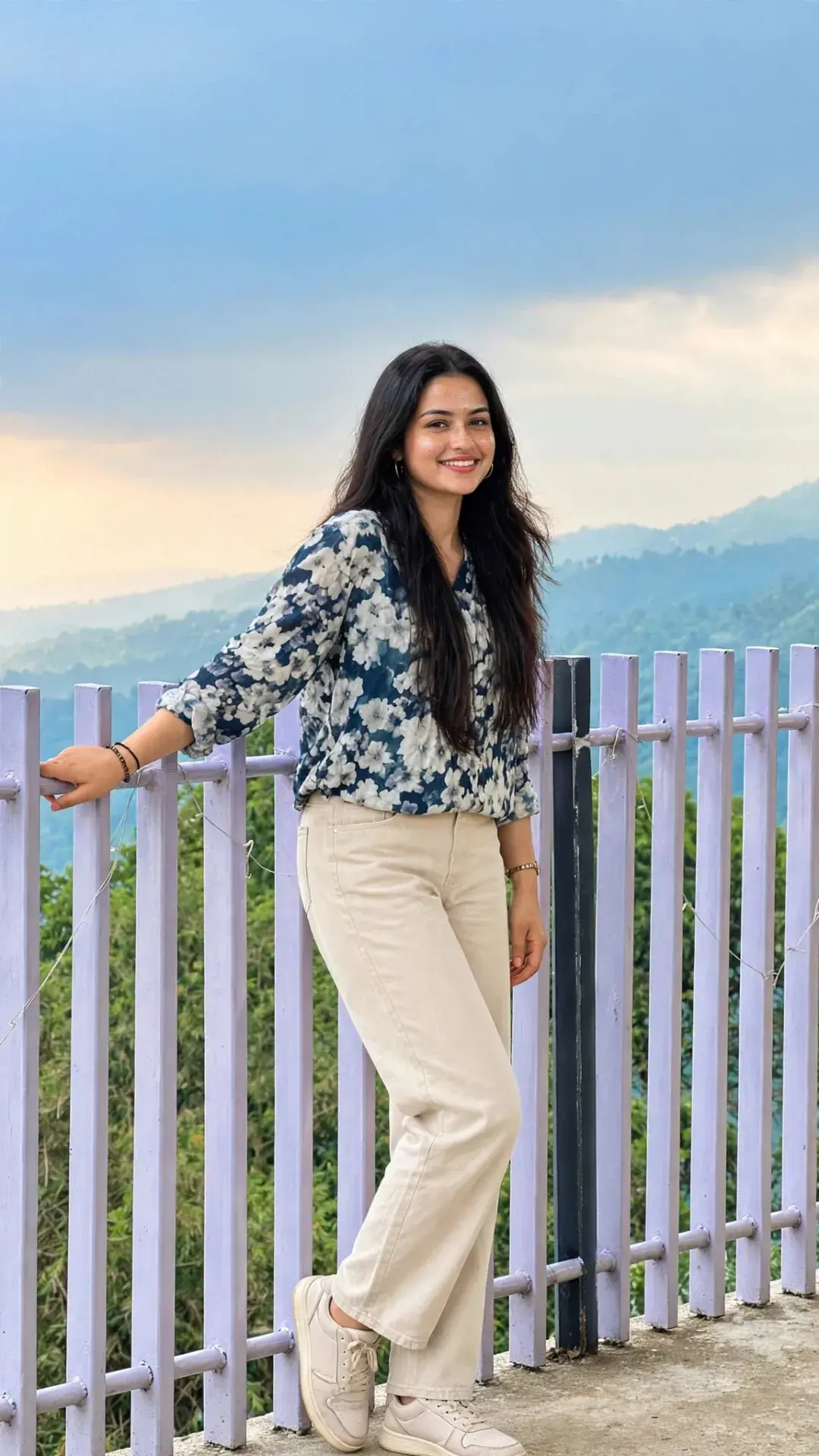 Realistic Mountain Viewpoint Standing Portrait Prompt