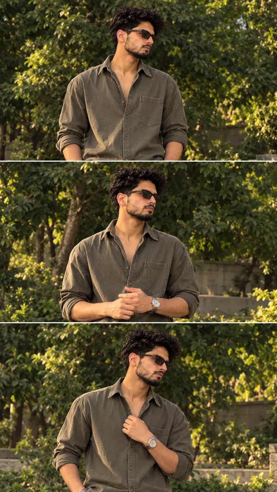 Realistic Outdoor Boy Portrait In Olive Shirt And Sunglasses