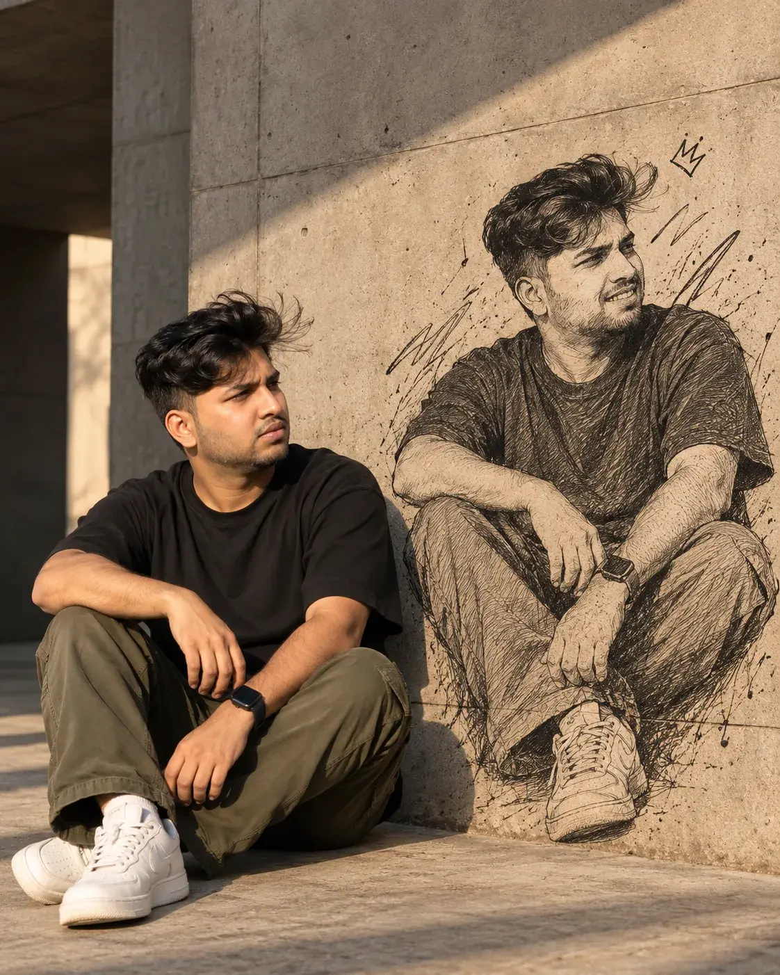 Realistic Photo Meets Hand-Drawn Wall Sketch