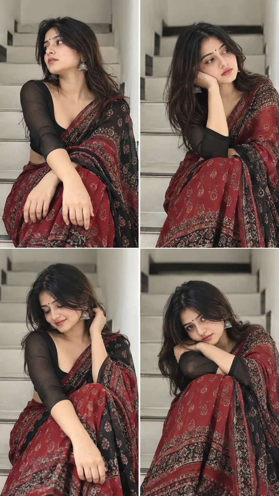 ❤️🖤 Red & Black Saree Photography – Elegant Staircase Portraits