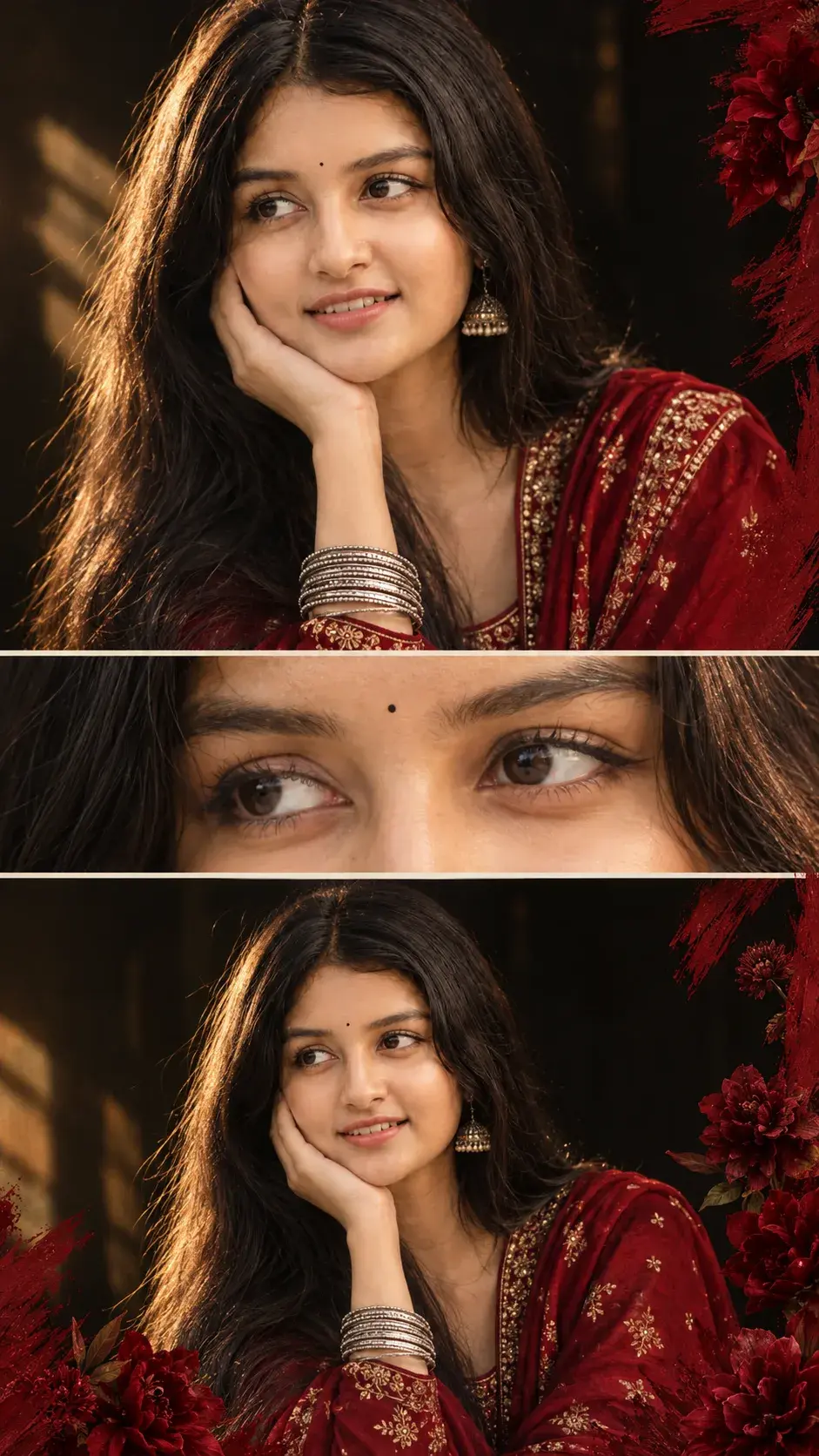Red Saree Aesthetic Triple Panel Eye - Jhumka Bangles Look