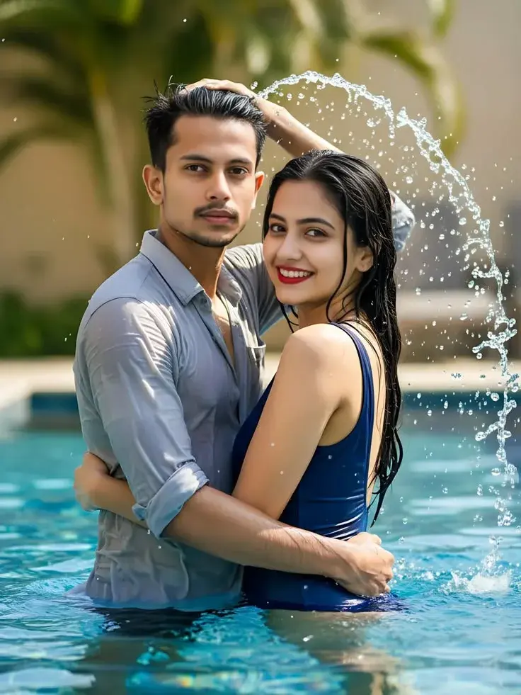 Romantic Candid Portrait Of Young Indian Couple In Swimming Pool With Water Splash