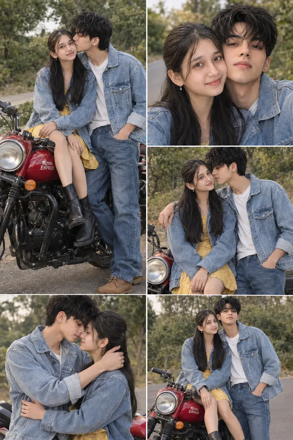 Romantic Couple On Royal Enfield – 5 Pose Collage