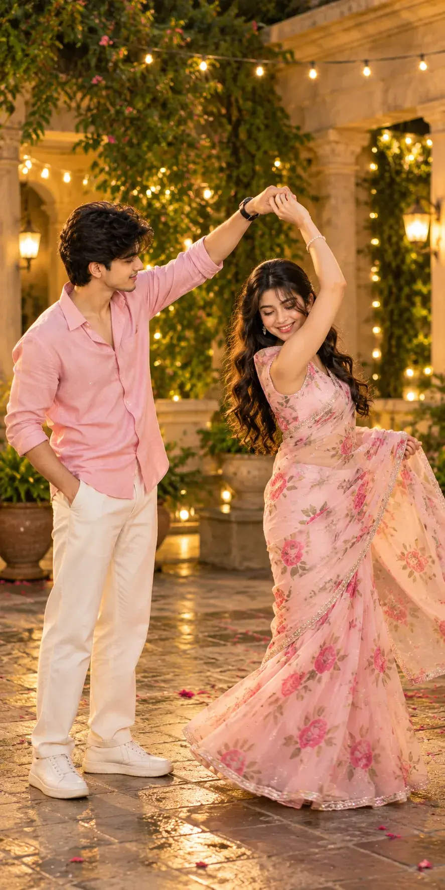Romantic Couple Photoshoot Ideas 💕 | Pink Saree & Golden Lights Aesthetic