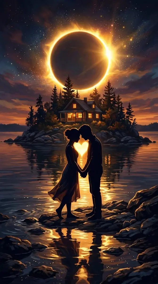 Romantic Eclipse Silhouette Couple Illustration