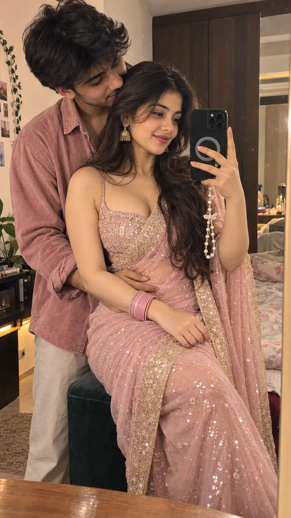 Romantic Indian Couple Mirror Selfie | Pink Saree & Matching Couple Outfit