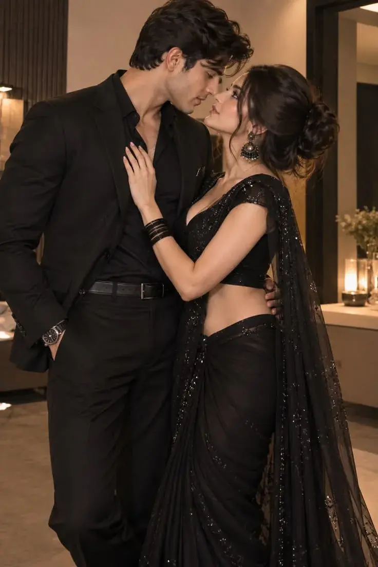 Romantic Indoor Portrait Of Indian Couple In Coordinated Elegant Black Attire
