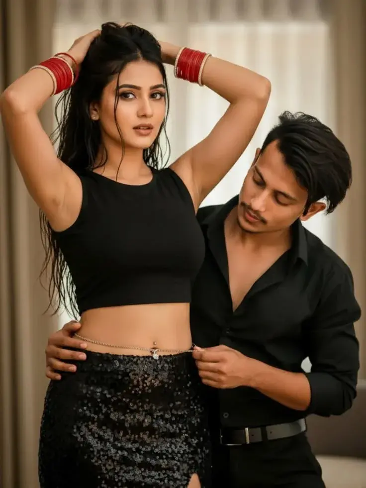 Romantic Indoor Studio Portrait Of Young Indian Couple In Black Attire
