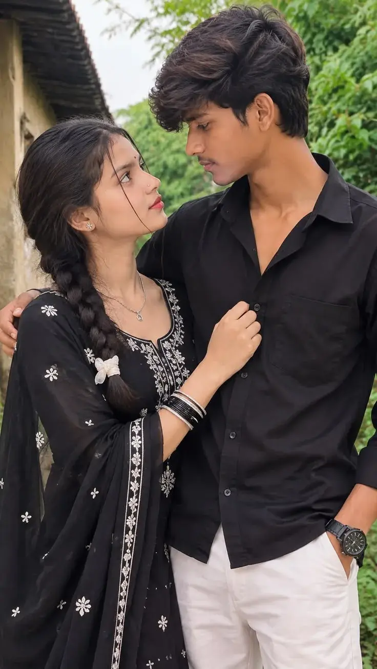 Romantic Intimate Outdoor Portrait Of Young Indian Couple In Black Attire