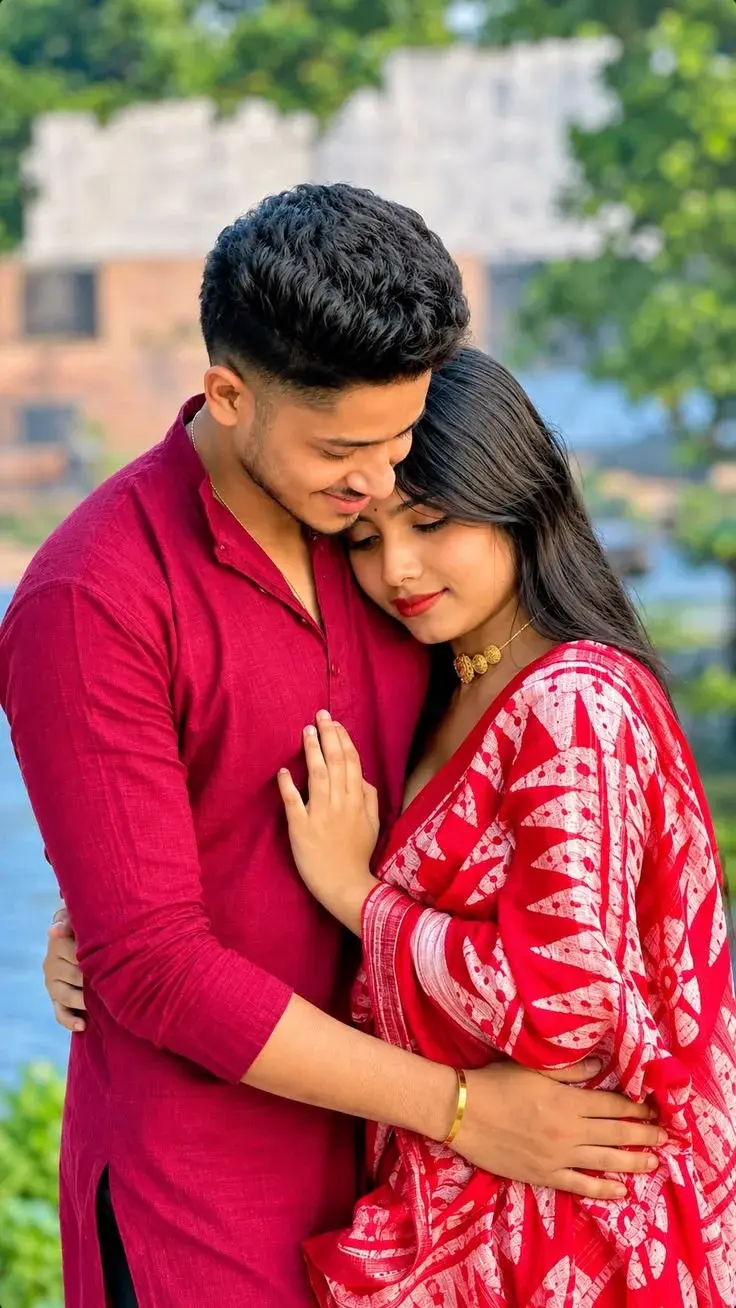 Romantic Intimate Portrait Of Young South Asian Couple In Traditional Red Attire By Water
