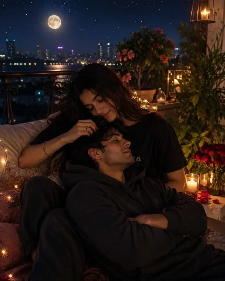 Romantic Nighttime Portrait Of Young Indian Couple On Rooftop Terrace Under Full Moon