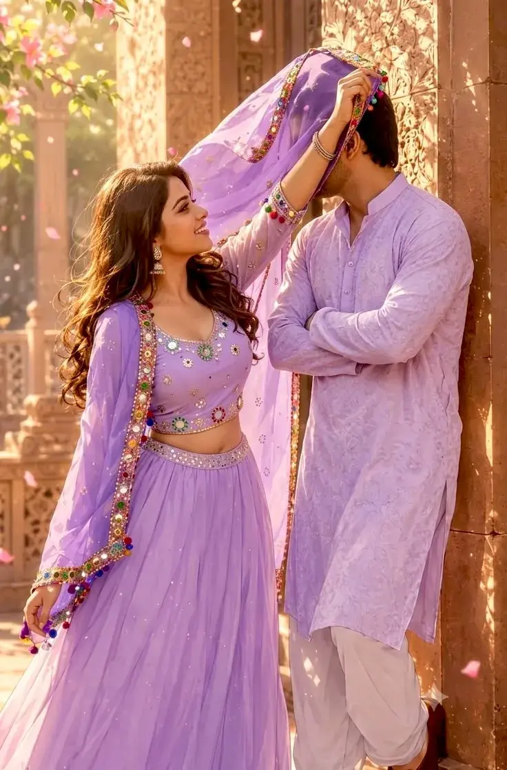 Romantic Outdoor Heritage Palace Portrait Of Young South Asian Couple In Lavender Ethnic Attire With Flowing Dupatta Vei