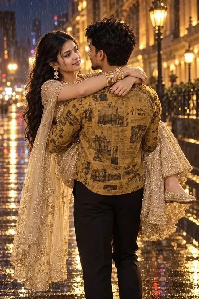 Romantic Rain-Drenched Night Portrait Of Indian Couple On Wet City Street